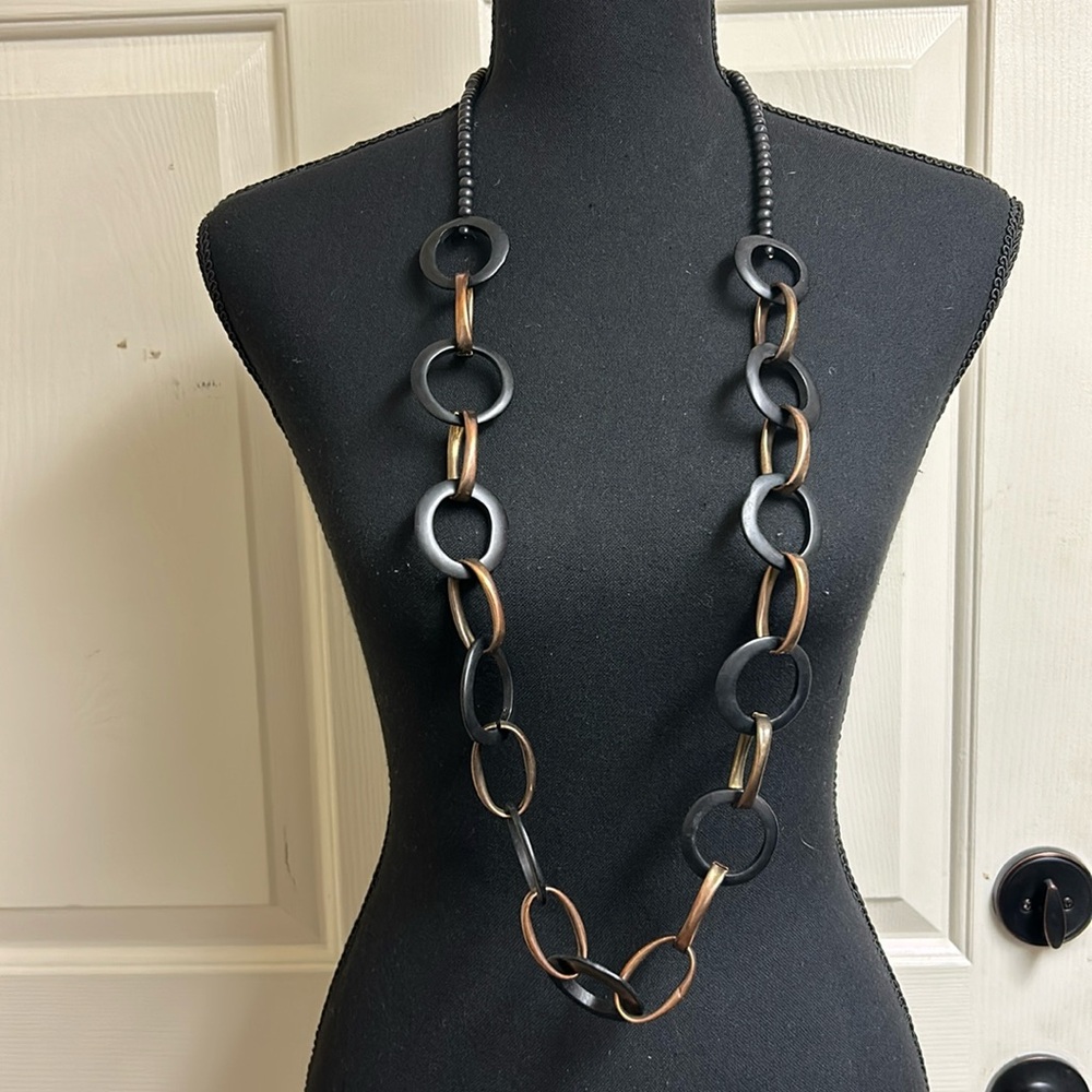 Necklace, Black and Bronze Gold Tone Circle Design Necklace, 44”